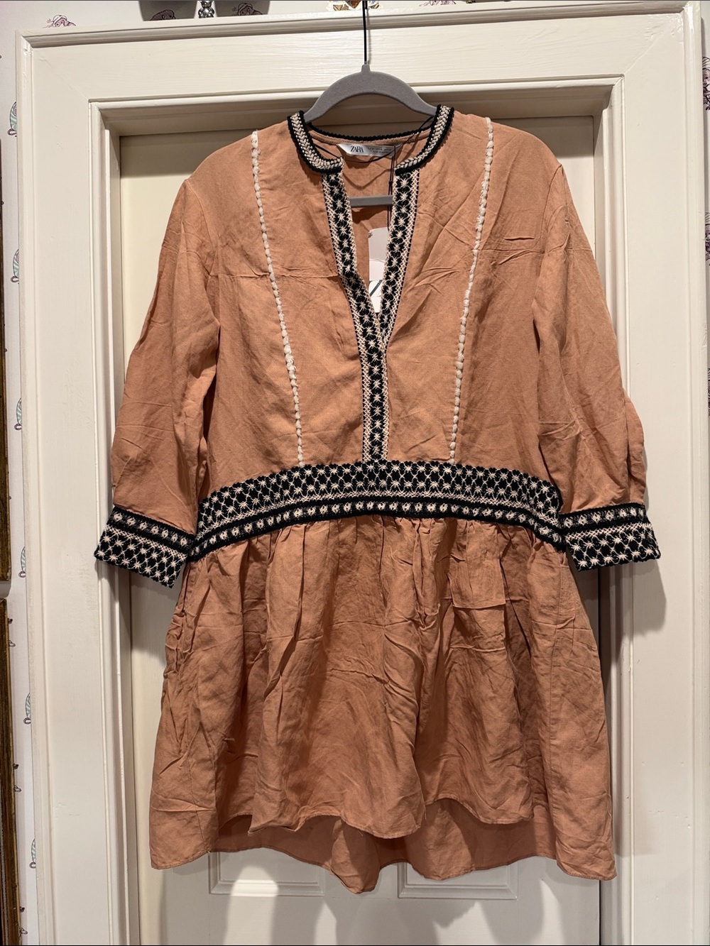 Zara Peach Tunic Dress with Black Crochet Trim